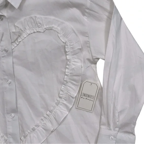 London Rose Heart Ruffle White Button Up Shirt NWT - Womens Size Small - Picture 2 of 8